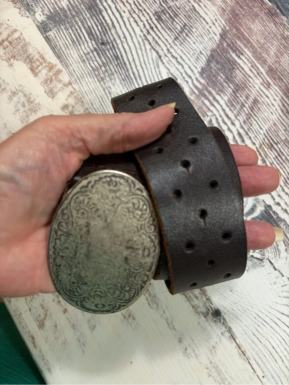 GAP Dark Brown Leather Belt with Ornate Silver Buckle